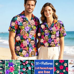 May include: Two short-sleeved button-down shirts featuring a tropical pattern of green leaves and vibrant pink and purple hibiscus flowers, customized with a repeating print of various human faces, including infants and adults with glasses.