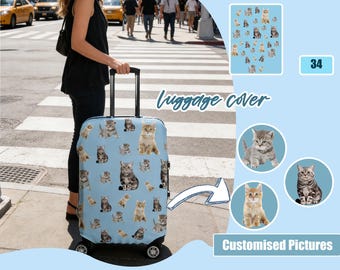 Funda de equipaje personalizada con foto de mascota, protector de maleta de viaje personalizado, funda de equipaje de viaje con cara divertida