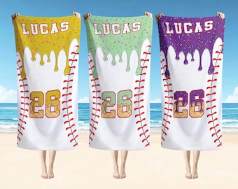 Custom Baseball Drip Beach Towel, Personalized Sports Gift, Gifts for Kids