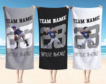 Custom Baseball Beach Towel, Vintage Baseball Towel, Custom Number Gameday, Personalized Sports Gift, Gifts for Kids