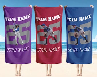 Custom Baseball Beach Towel with Name Number, Vintage Baseball Towel, Custom Number Gameday, Personalized Sports Gift, Gifts for Kids