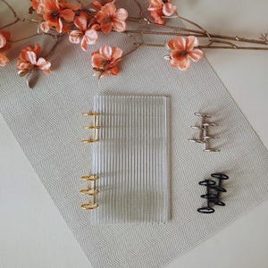 Pode incluir: Um fichário de plástico transparente com argolas douradas e textura estriada. O fichário está sobre uma superfície texturizada cinza claro. Há dois conjuntos de argolas metálicas prateadas e pretas na superfície.