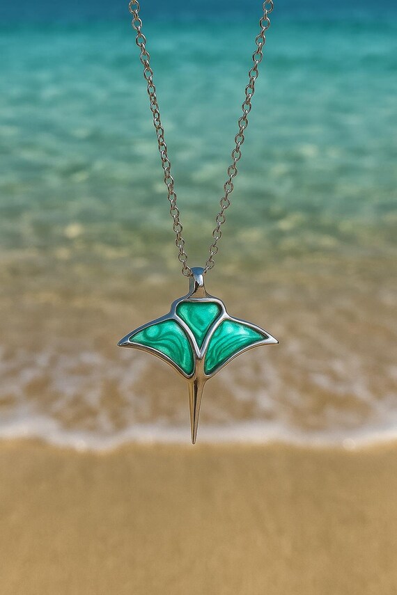 Manta Ray Necklace- Sterling Silver Aquamarine Resin Pendant