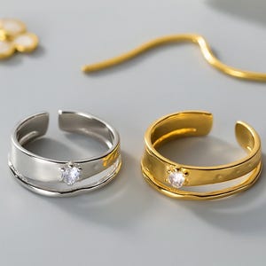 Adjustable Sterling Silver & 18K Plated Gold Open Rings – Minimalist Double Band Rings with Dainty CZ Stone, Stackable Gift for Women