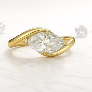 Bague de fiançailles solitaire en or 18 carats avec moissanite marquise - Bijou minimaliste élégant - Avec certificat GRA