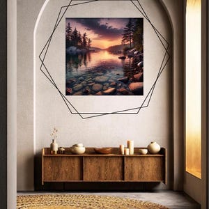 Sunset Lake Wall Art Print, Nature Landscape Poster, Serene Sunset Photography, Modern Home Decor for Living Room, Bedroom, Digital Art