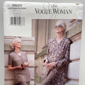 May include: A sewing pattern envelope for The Vogue Woman, number 9620, size 8-10-12. The front displays two images of a person wearing a long-sleeved, button-front tunic with a floral pattern and matching trousers featuring a decorative border hem.