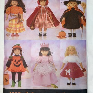 May include: A Butterick pattern showing six doll costumes, including a Little Red Riding Hood, a witch, a princess, and a pumpkin costume. The pattern is for 46 cm dolls. The text "18" Doll Costume Collection" is visible.