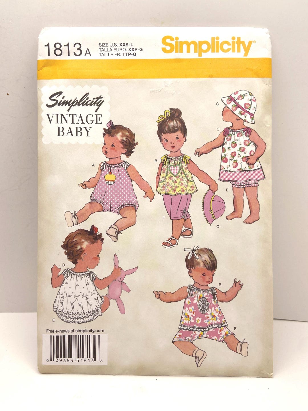Simplicity 1813 Baby Sewing Pattern Vintage Romper Dress Hat XXS-L ...