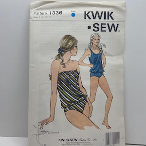 May include: A Kwik Sew pattern envelope 1336 for sizes 6-8-10-12. The front features illustrations of two swimsuits: one with a multi-colored diagonal striped strapless top and matching bottoms, and another solid blue one-piece swimsuit with a tank top.