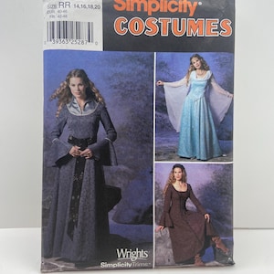 Peut inclure: Une pochette de patron de couture Simplicity Costumes, numéro 9891, pour les tailles 14, 16, 18 et 20. Le devant présente trois variantes de robes longues à manches évasées et encolures distinctes, avec des options de tissus sombres et clairs.