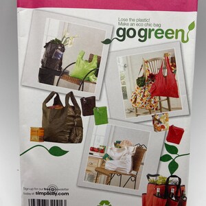 May include: Simplicity pattern 2806 for making eco-chic bags. The package features images of various reusable shopping bags in different colors and styles, including a mesh bag, green bag, and red tote bag. The text "go green" is also visible.