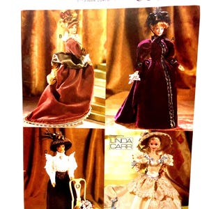 May include: A Vogue Craft sewing pattern envelope, number 9759, featuring four distinct doll outfits labeled A, B, C, and D. The cover displays dolls in velvet gowns, a white blouse with a dark skirt, and a lace-trimmed dress, designed by Linda Carr.