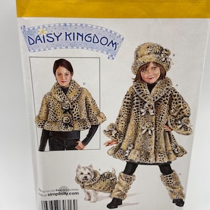 May include: Simplicity sewing pattern featuring a Daisy Kingdom design. The pattern includes instructions for a child's coat, hat, and leg warmers in a leopard print. The pattern size is A 3-8/XS-XL.