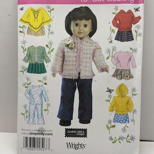 May include: Simplicity 4297 sewing pattern for 18-inch doll clothing. The pattern includes designs for a jacket, skirt, pants, and hoodie. The doll in the image is wearing a tweed jacket, jeans, and a white flower.