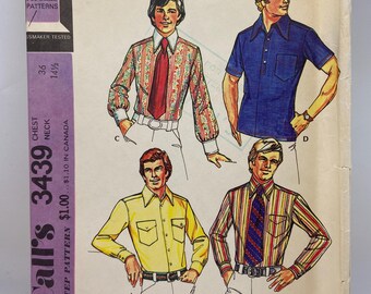 Cartamodello vintage anni '70 McCall's 3439 per camicia da uomo - Modelli eleganti e sportivi - Taglia 36 Petto - 14,5 Collo Collettivo non tagliato FF