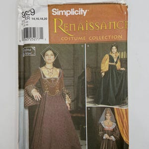 May include: Simplicity Renaissance Costume Collection sewing pattern. The pattern features images of Renaissance-era gowns in shades of brown, gold, and black. The package includes the pattern number 9929 and size options.