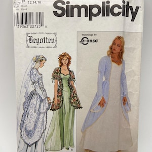 May include: A Simplicity sewing pattern for historical gowns. The pattern features illustrations of three different dress designs, including a wedding gown with a veil. The pattern includes the text "Begotten" and "Trimmings by Conso".