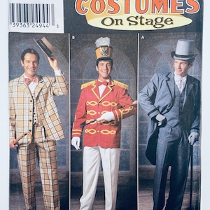 May include: Simplicity Costumes On Stage sewing pattern. The cover features three men in vintage costumes: a plaid suit, a red military-style jacket, and a gray suit with a top hat. The pattern includes sizes XS to XL.