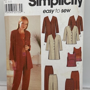 May include: Simplicity sewing pattern featuring a woman in a rust-colored suit. The pattern includes options for jackets, tops, pants, and skirts. The pattern size is FF 18W-24W, EUR 44-50, and FR 46-52.