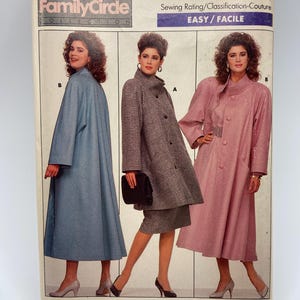 May include: Vintage Butterick sewing pattern featuring three women modeling coats and a skirt suit. The pattern is from the Family Circle Collection, size 12-14-16. The sewing rating is Easy. The coats are in blue, gray plaid, and pink.