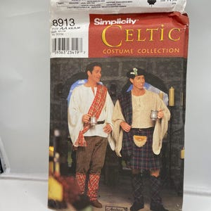 May include: Simplicity Celtic Costume Collection pattern. The package features two men in Celtic costumes, one in a white tunic and plaid sash, the other in a kilt. The package has the number 8913 and the Simplicity logo.