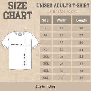 May include: A white t-shirt with a size chart for unisex adult t-shirts. The chart includes sizes S to 5XL, with corresponding width and length measurements in inches. The text "SIZE CHART" is at the top left.