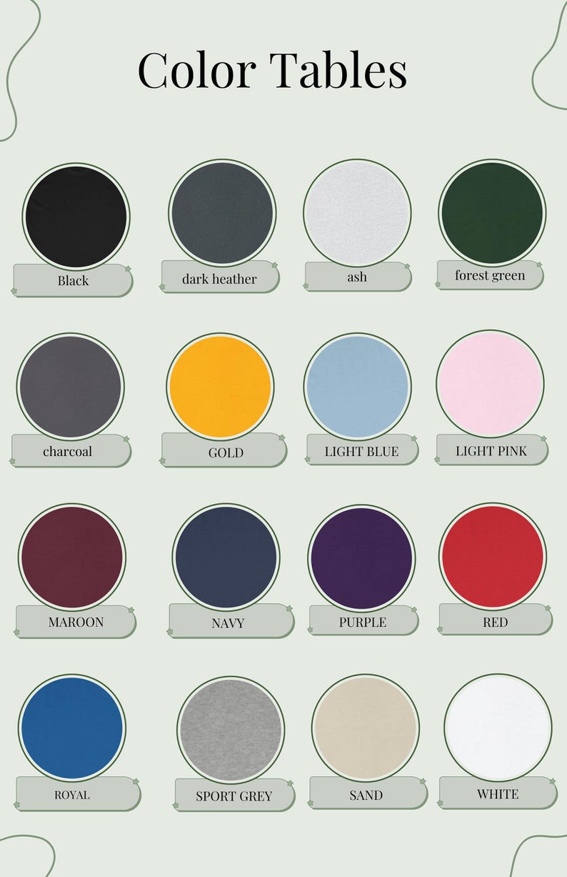 May include: An image titled "Color Tables" displays a color chart with 16 circular color swatches. Each swatch is labeled with a color name, including black, gold, light blue, and red. The chart is designed to showcase a variety of colors.
