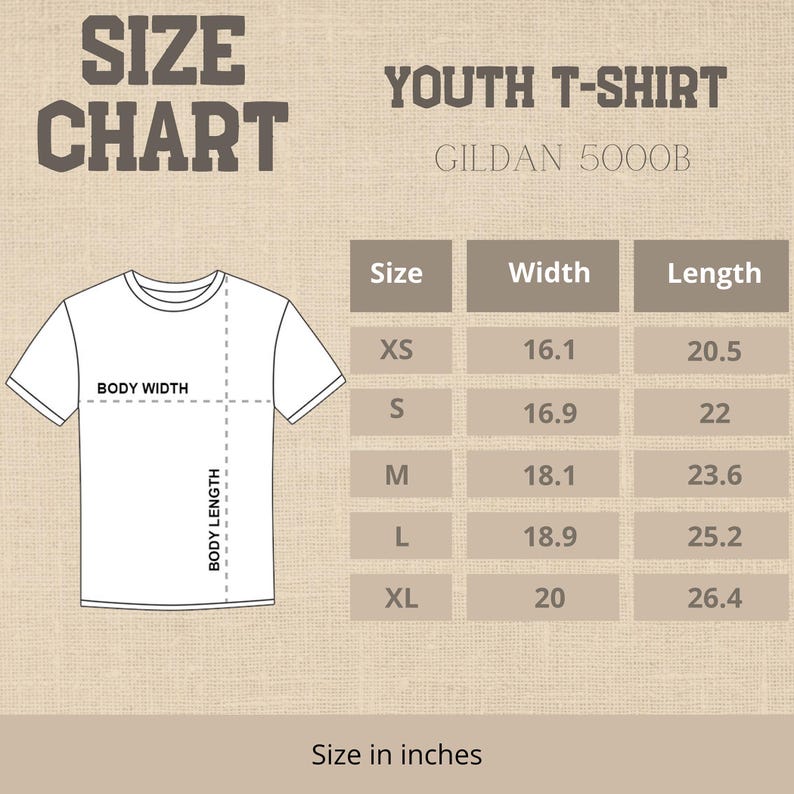 May include: A size chart for a youth t-shirt, with measurements in inches. The chart includes sizes XS to XL, with corresponding body width and length measurements. The t-shirt graphic is white, and the background is a tan color.