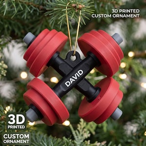 Könnte beinhalten: Ein 3D-gedrucktes, personalisiertes Ornament in Form von zwei gekreuzten Hanteln. Die Hanteln haben schwarze Griffe und rote Gewichtsscheiben mit grauen Endkappen. Der Name DAVID ist in Weiß auf dem schwarzen Griff gedruckt. Hängt an einer Goldschnur.