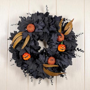Halloween Wreath: Spooky Black Leaves & Pumpkin Porch Decor