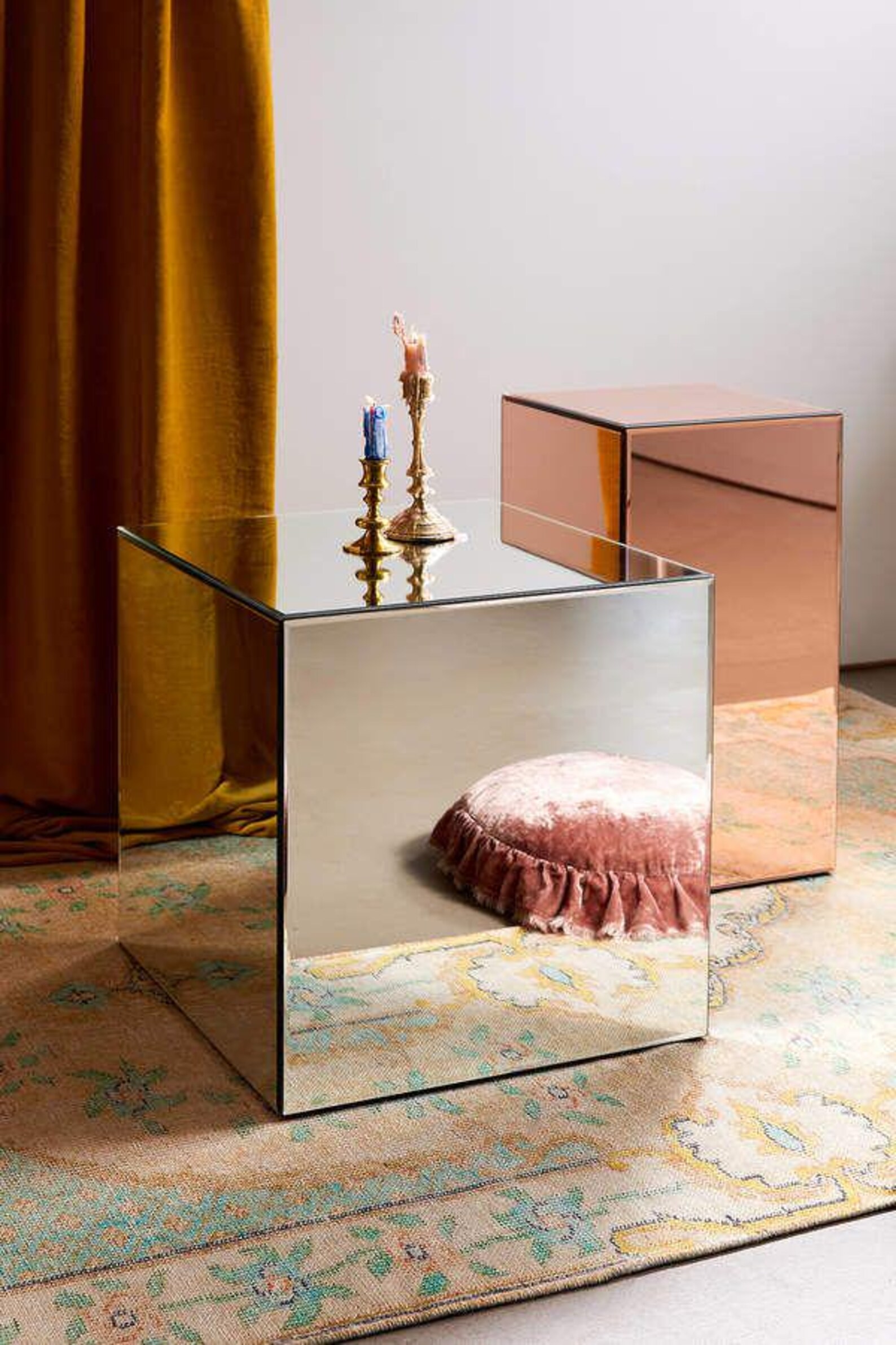 Gray Floral Mirrored Cube End Table main image 1