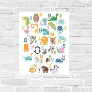 Póster de ABC, montado, 18 x 24, animales, alfabeto infantil, arte de pared ABC, impresión del alfabeto de transporte, niños escandinavos