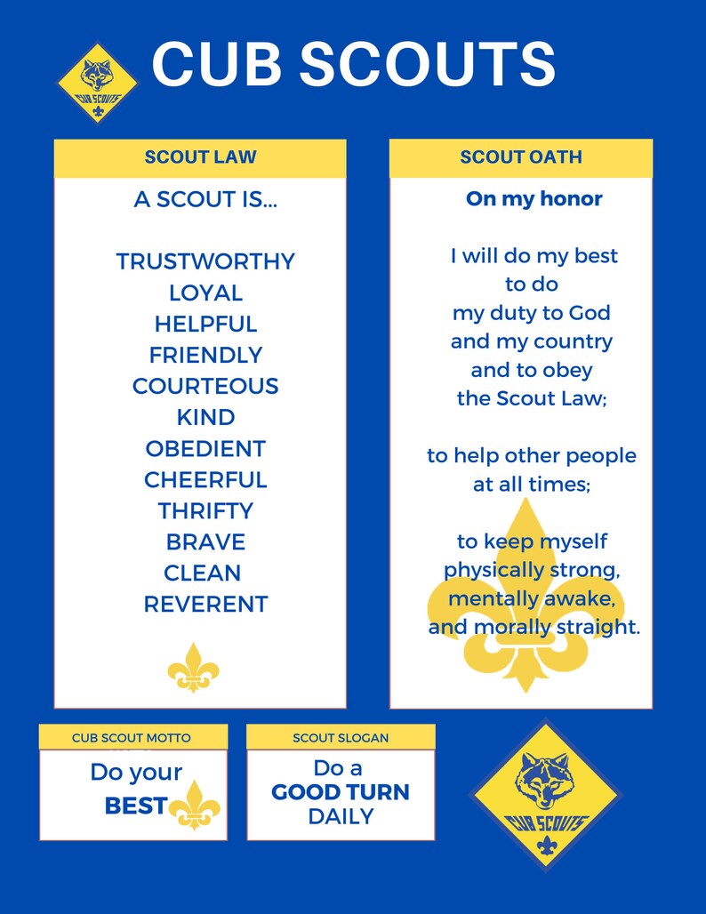 Boy Cub Scout Law Oath Poster for 18x24 Printing Digital File Blue Gold ...