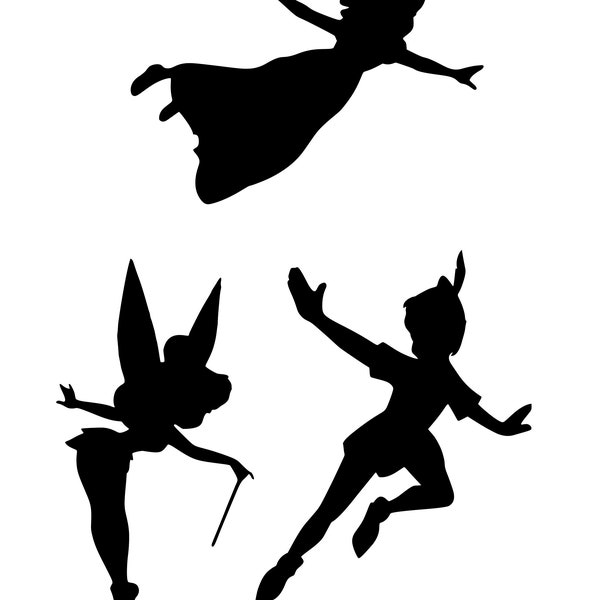 Peter Pan Wendy Tinker bell Silhouette, Digital Peter Pan Wendy Tinker bell Shape Cut Out,  Birthday Decoration, Black card stock