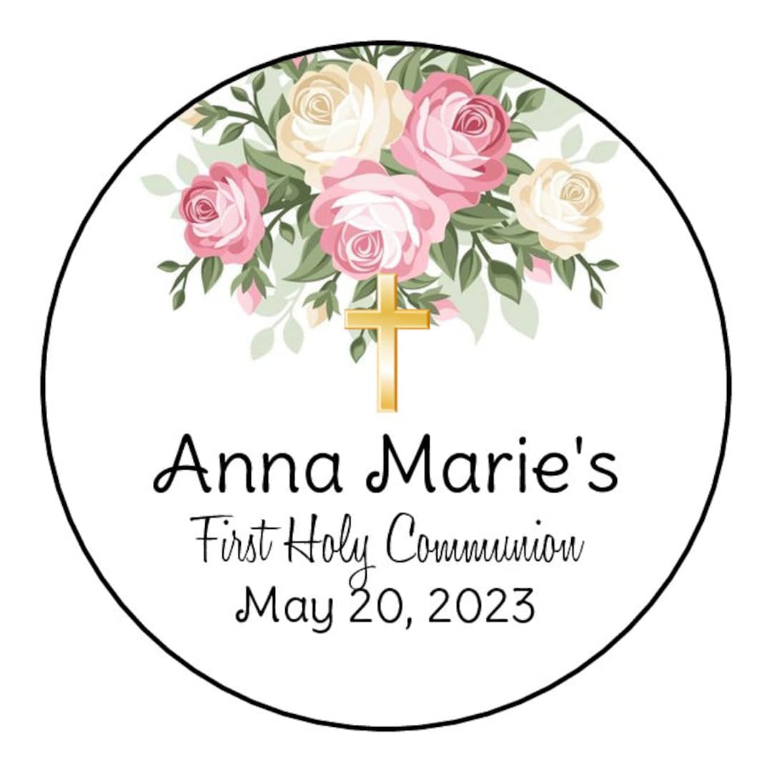 First Communion Labels - Pink Rose Favor 36 Stickers First Communion ...