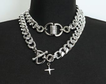 Silver Statement Choker,  Choker Necklace, silver key lock Necklace, Sılver Choker, curb chain oversized glossy chunky choker, women gift
