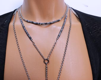 Stainless Steel Bodychain harness Gemstone Larvikite, black and silver hematite  for men in Silver jewelry Cosplay, aesthetic gift for her