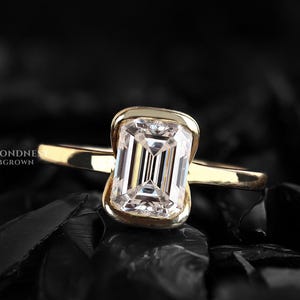 1.50CT Lab Emerald Cut Diamond Engagement Ring: 14K Gold Half Bezel Solitaire