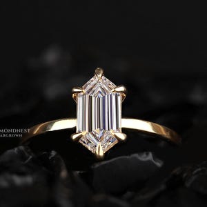 2ct Elongated Hexagon Lab Grown Diamond Engagement Ring - 14k Gold Solitaire