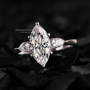 Marquise Lab Grown Diamond Engagement Ring: 14K White Gold Pear Accent Three Stone Ring