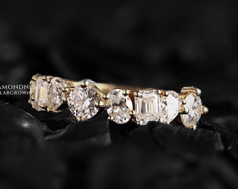 Multi shaped Diamond wedding band for women Lab Grown Diamond Half Eternity Band 14K Gold Cluster Ring Unique Emerald Round pear Oval Band