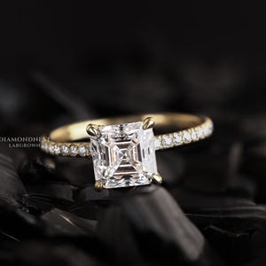 2CT Asscher Cut Lab Grown Diamond Engagement Ring: 14K Gold Hidden Halo Pave Band