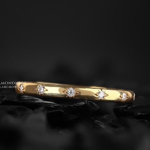 Diamond Celestial Ring 14k Gold Star Engraved Wedding Band Women Flush set Scattered Diamond Band Unique Starburst Anniversary band Eternity