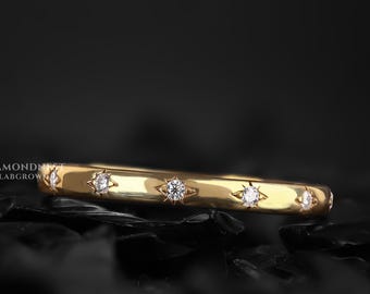 Diamond Celestial Ring 14k Gold Star Engraved Wedding Band Women Flush set Scattered Diamond Band Unique Starburst Anniversary band Eternity