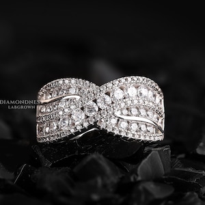 Lab Grown Diamond Crossover Wedding Band: 14K White Gold Pave Eternity Ring