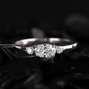 Petite Oval Lab Grown Diamond Ring: 14K White Gold Three Stone Promise Ring