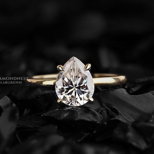 Pear Cut Lab Grown Diamond Engagement Ring: 14K Gold Solitaire
