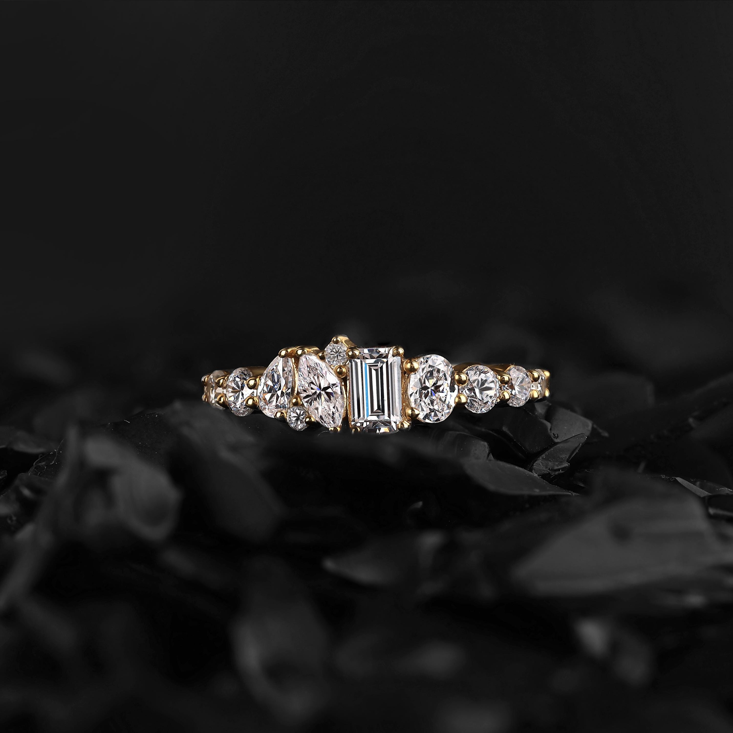 Multi shaped Diamond Mosaic wedding band Lab Grown Diamond Half Eternity Band 14K Gold Cluster Ring Emerald Round pear Marquise Oval Band