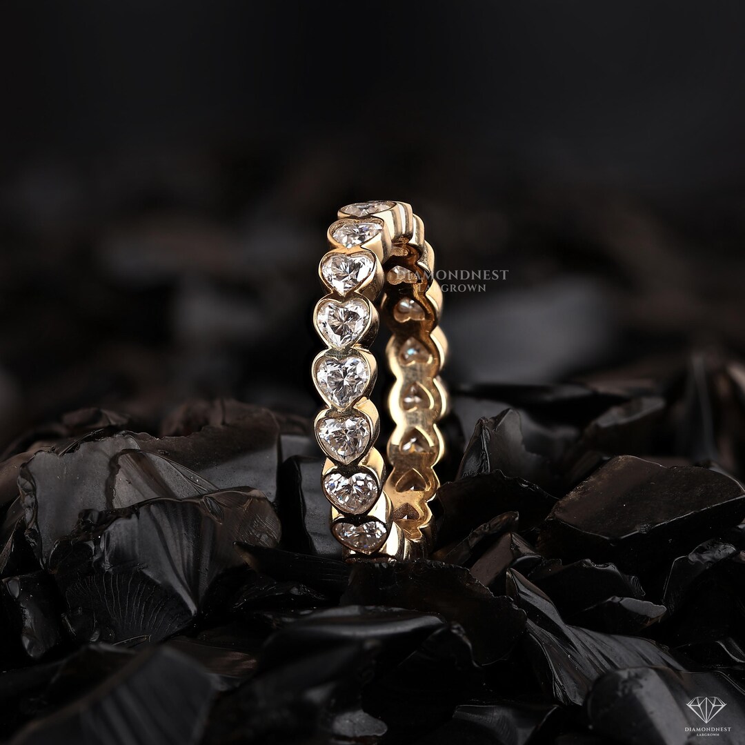 3MM Heart Lab Grown Diamond Wedding Band: 14K Gold Bezel Set Eternity ...